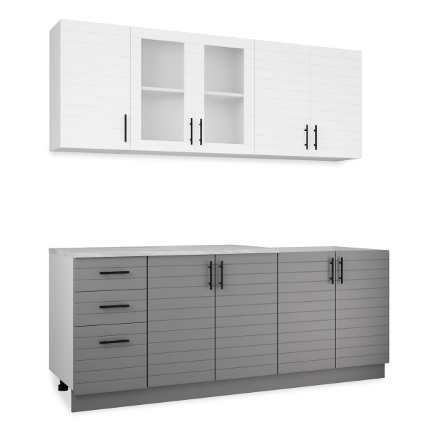 Кухонный гарнитур Комплект №9 Серый камень/Тач белый/Тач графит (столеш Этория+сушка+планка) 2,0м