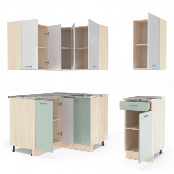 Угловая кухня Комплект №7 Белый /МЯТА без мойки, столешник Альберика