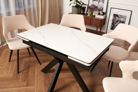 Стол Сумо-1С NEW 110х70 (+25+25) (царга Чёрный/МДФ+PVC Чёрный/White marble),нога №125Q черный